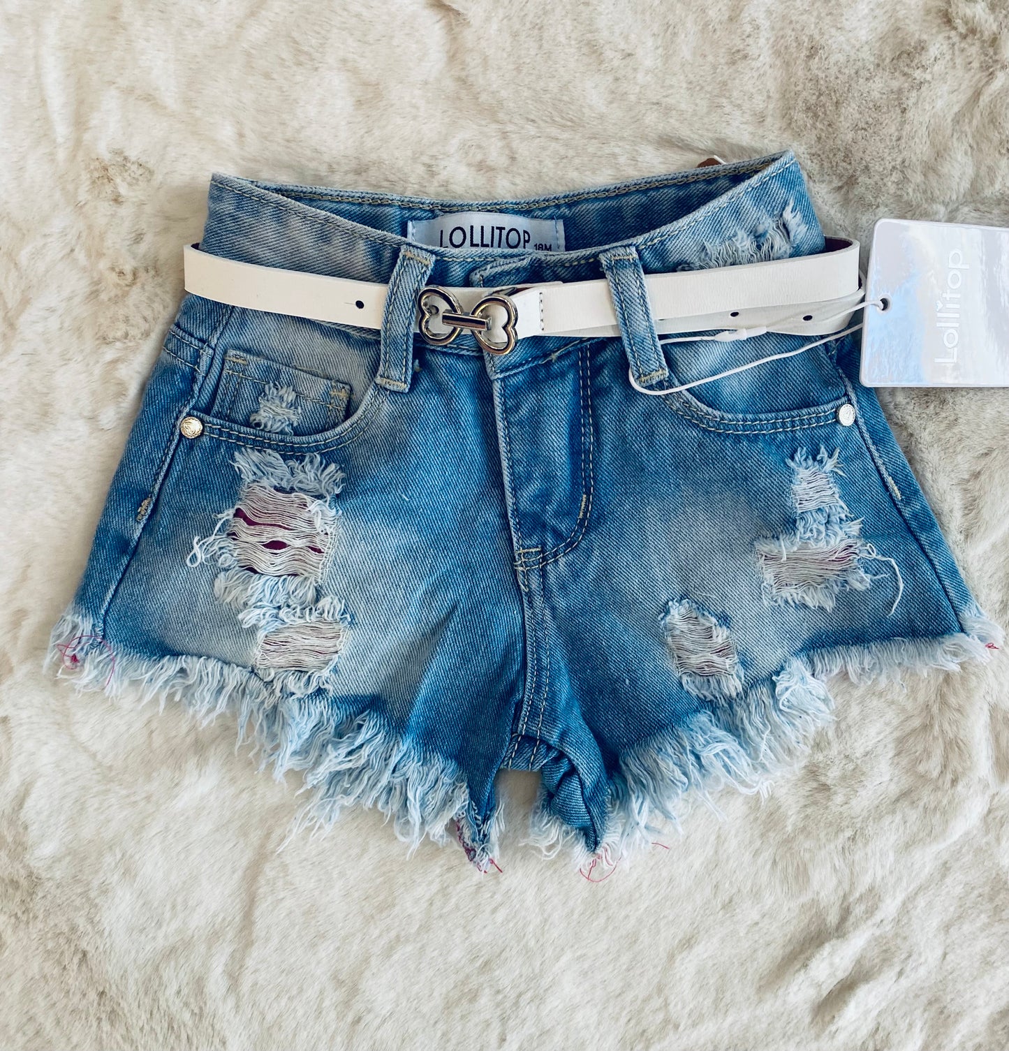 Shorts Jeans Bambina LOLLITOP con Cintura Bianca – Effetto Strappato