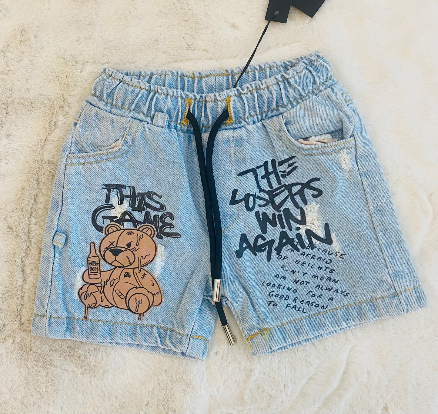 Pantaloncino Jeans Bambino 12-36 Mesi con Vita Elasticizzata, Cordino e Stampa Orsetto - SMILE BABY BOTIQUE