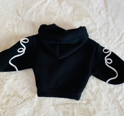 Maxi Felpa Nera Neonata con Cappuccio e Interno Superfelpato - Stampa in Rilievo a Foglie (12-36 mesi) - SMILE BABY BOTIQUE