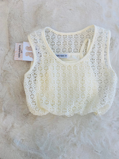 Top Traforato Panna In Pizzo Sangallo per Bambina- Estivo Elegante 4-14 Anni - SMILE BABY BOTIQUE