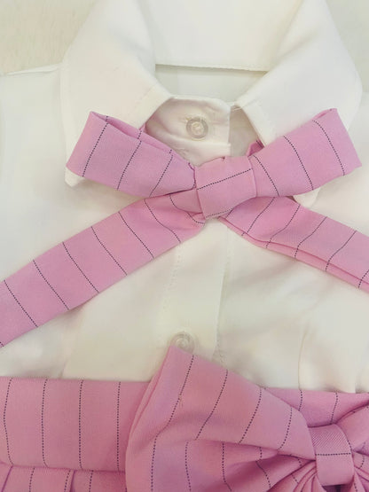 Completino Bambina Elegante- Camicia Bianca con Foulard + Gonna a Pieghe Gessate con Fiocco Laterale - SMILE BABY BOTIQUE