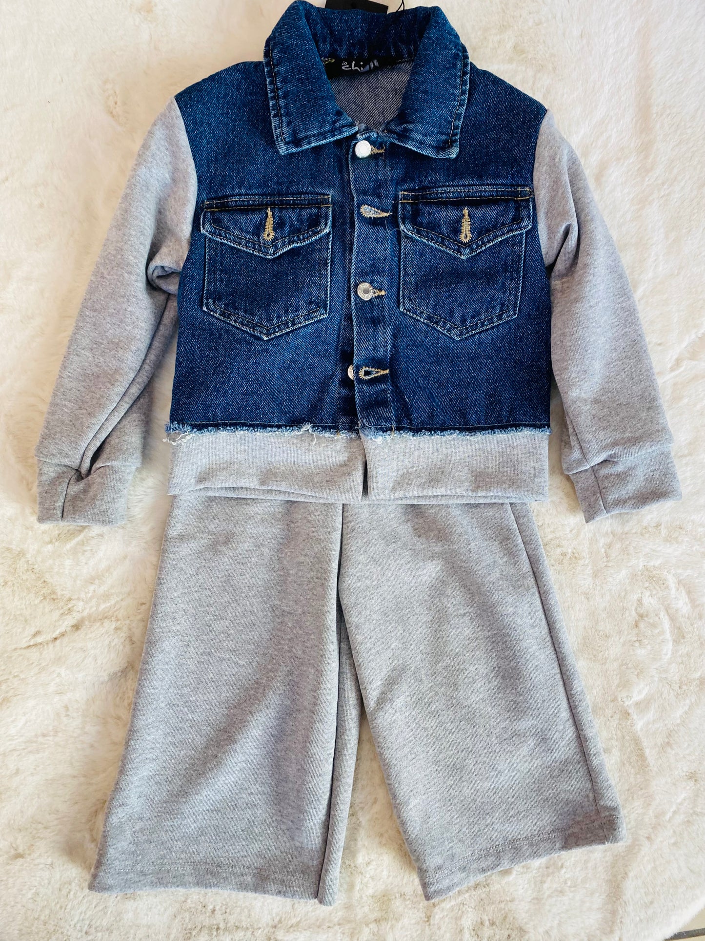 Tuta bambina 12-36 mesi con pantalone grigio e giacca jeans