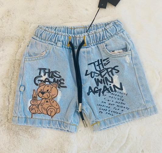 Pantaloncino Jeans Bambino 12-36 Mesi con Vita Elasticizzata, Cordino e Stampa Orsetto - SMILE BABY BOTIQUE