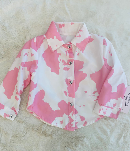 Camicia bambina a macchie rosa e bianche in poliestere ed elastomero, taglia 6-36 mesi