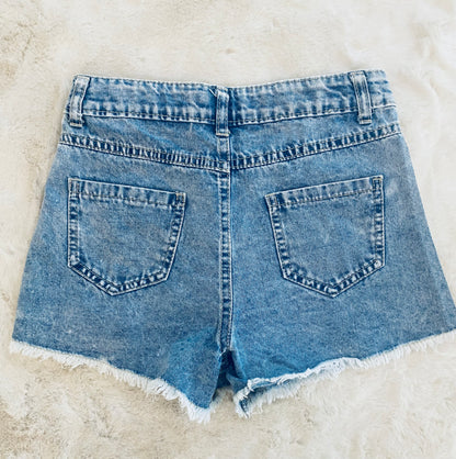 Pantaloncino Jeans Bambina con Strass, Strappi e Orlo a Taglio Vivo - SMILE BABY BOTIQUE