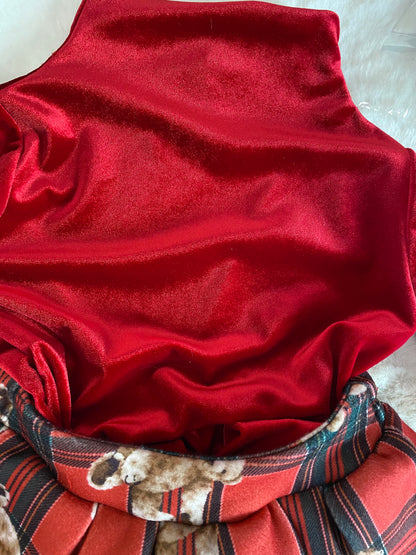 Completino Neonata Rosso 3 Pezzi - Maglia Vellutata , Gonna Scozzese con Orsetti e Basco Coordinato (12-36mesi) - SMILE BABY BOTIQUE