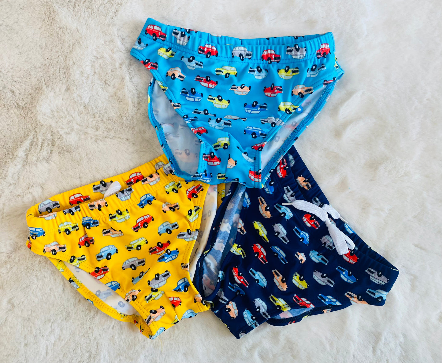 Slip Mare Bambino 1-8 Anni- Costume con Stampa Macchinine Celeste, Giallo e Blu