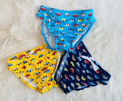 Slip Mare Bambino 1-8 Anni- Costume con Stampa Macchinine Celeste, Giallo e Blu