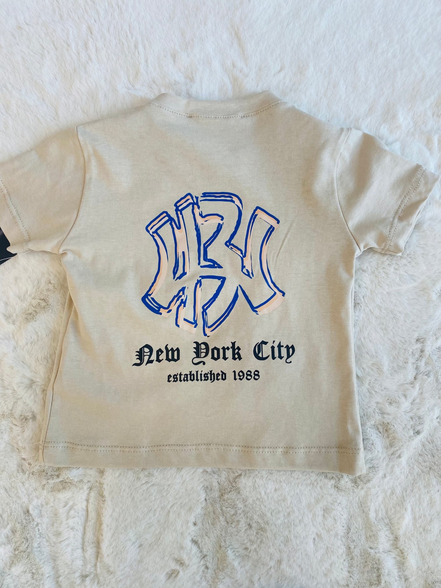 T-shirt Beige Bambino In Cotone Con Stampa Azzurra Fronte-Retro Cotone 12-36 mesi - SMILE BABY BOTIQUE