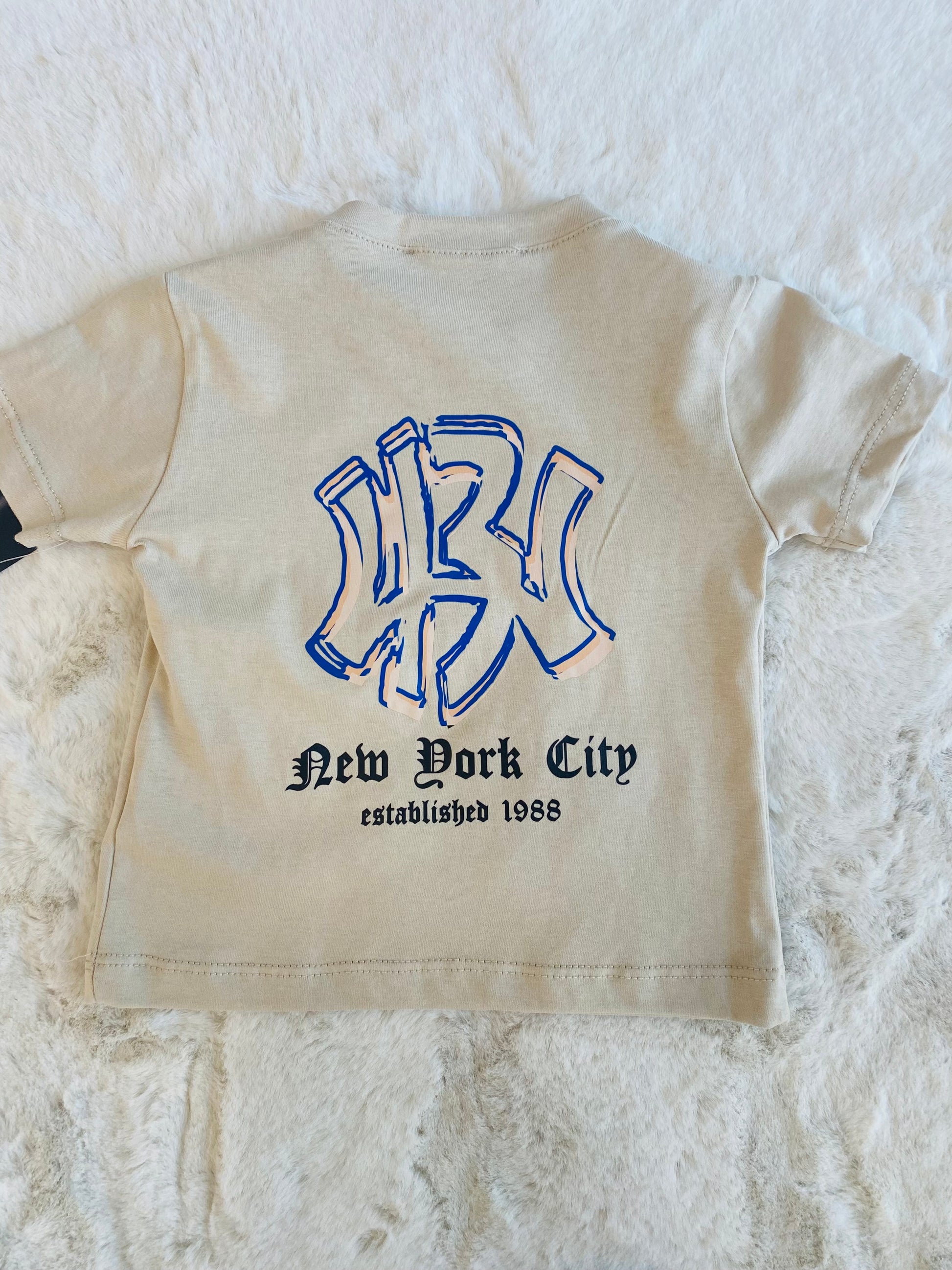 T-shirt Beige Bambino In Cotone Con Stampa Azzurra Fronte-Retro Cotone 12-36 mesi - SMILE BABY BOTIQUE