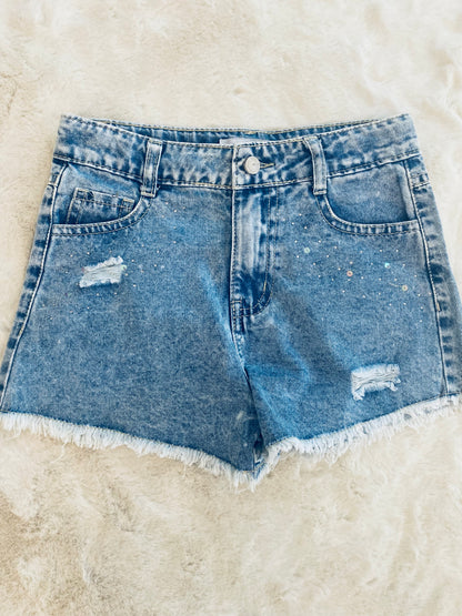 Pantaloncino jeans bambina con strass, strappi e orlo a taglio vivo