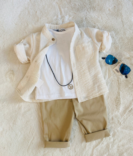 Completo elegante bambino 3 pezzi con camicia collo coreana, t-shirt e pantalone- 