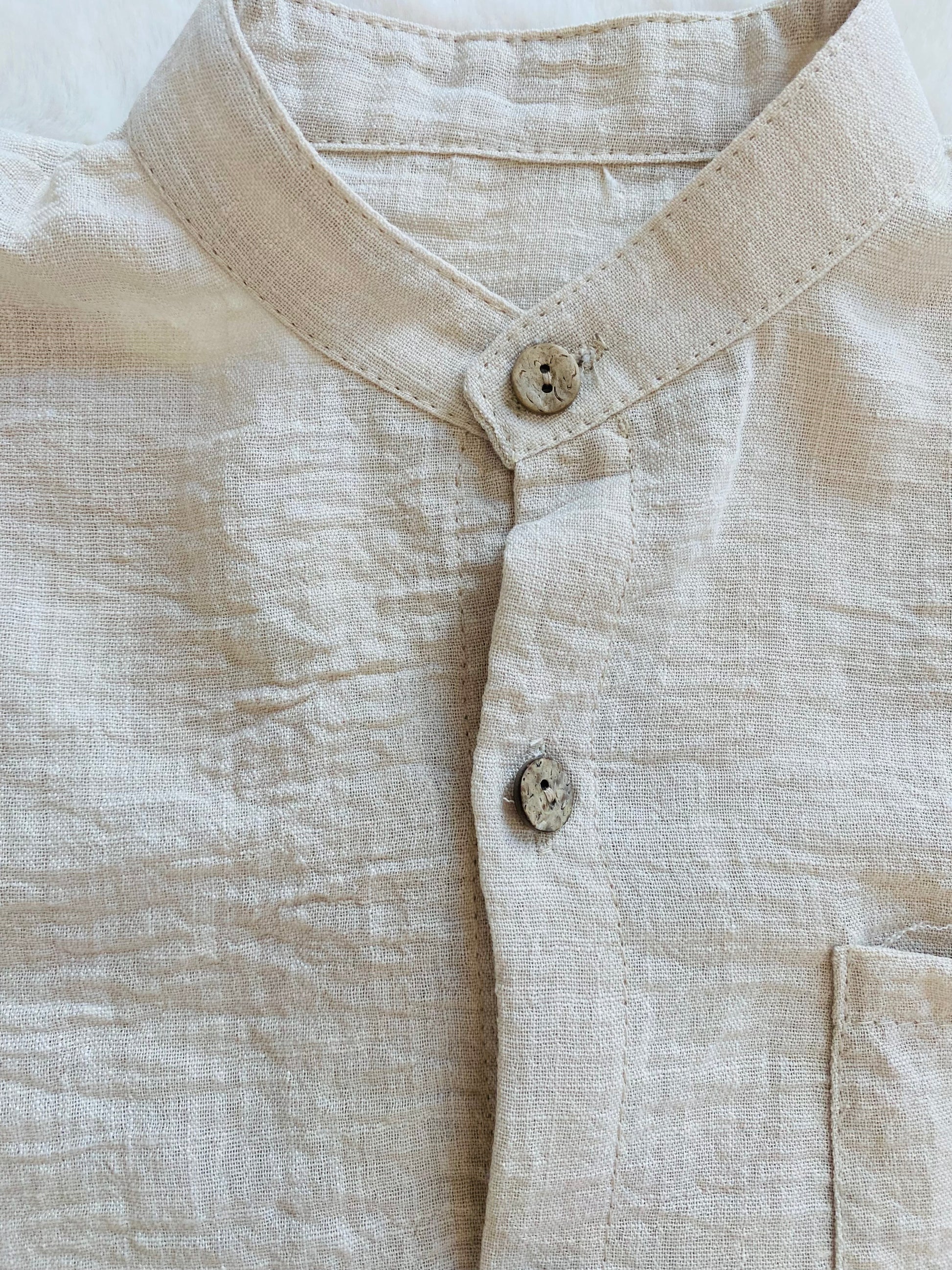 Camicia Beige Bambino in Lino e Viscosa con Bottoni Effetto Legno - SMILE BABY BOTIQUE