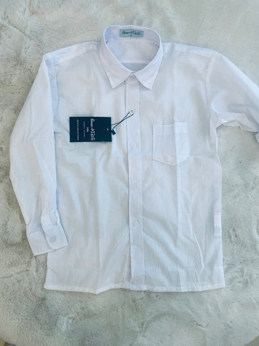 Camicia bianca classica bambino in cotone con taschino frontale  colletto.
