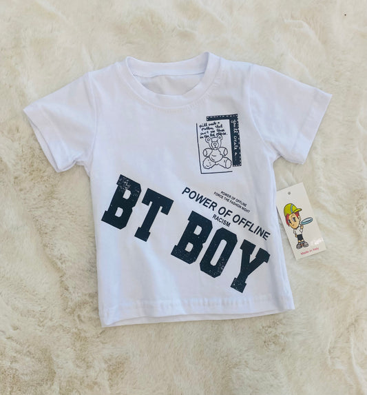 T-shirt bianca bambino con stampa orsetto e scritta Power of Offline, taglia 6 -36 mesi