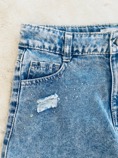 Pantaloncino Jeans Bambina con Strass, Strappi e Orlo a Taglio Vivo - SMILE BABY BOTIQUE