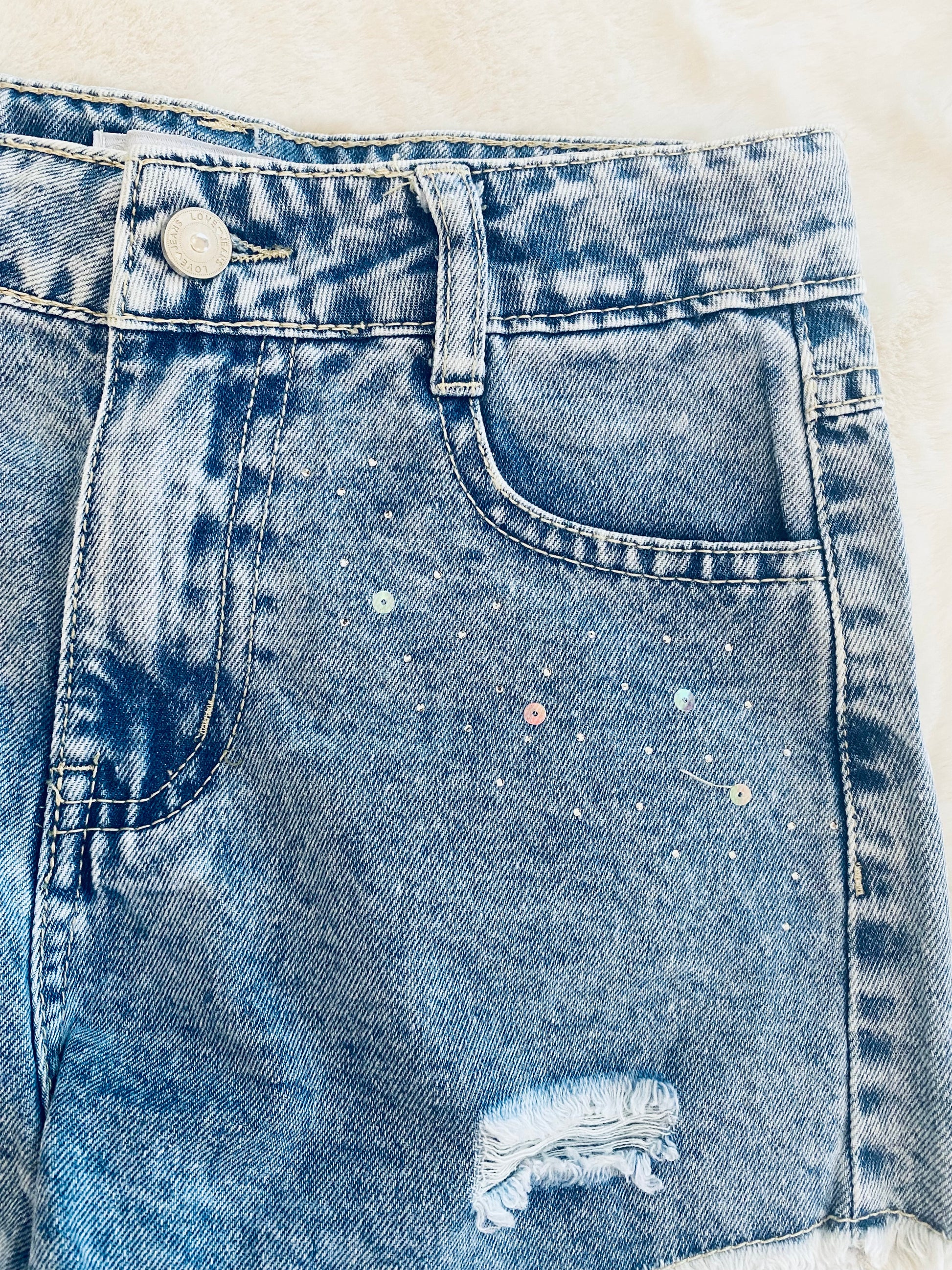 Pantaloncino Jeans Bambina con Strass, Strappi e Orlo a Taglio Vivo - SMILE BABY BOTIQUE