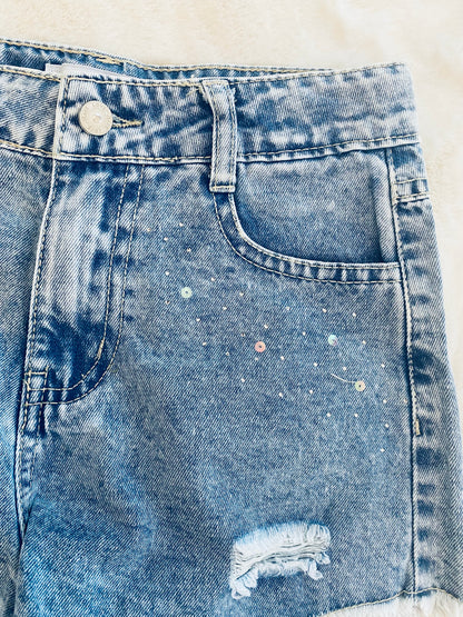 Pantaloncino Jeans Bambina con Strass, Strappi e Orlo a Taglio Vivo - SMILE BABY BOTIQUE