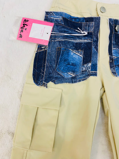 Pantalone Cargo Bambino Beige con Toppe in Jeans e Elastico alla Caviglia-Comfort e Stile Casual - SMILE BABY BOTIQUE